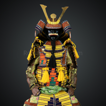 Mōri Motonari Yellow & Brown Samurai Armor Oyoroi Style Kamon Maedate Brown Scales With Yellow Cords